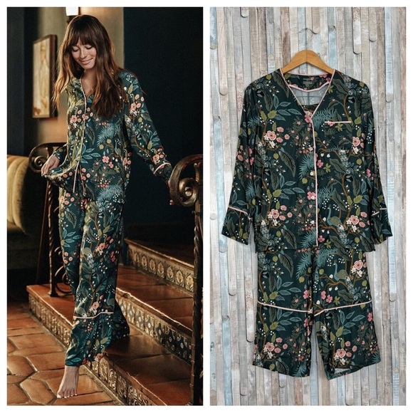 Rifle Paper Co. Other - Rifle Paper Co. Forest Green Floral Satin Pajama Set with Pink Trim